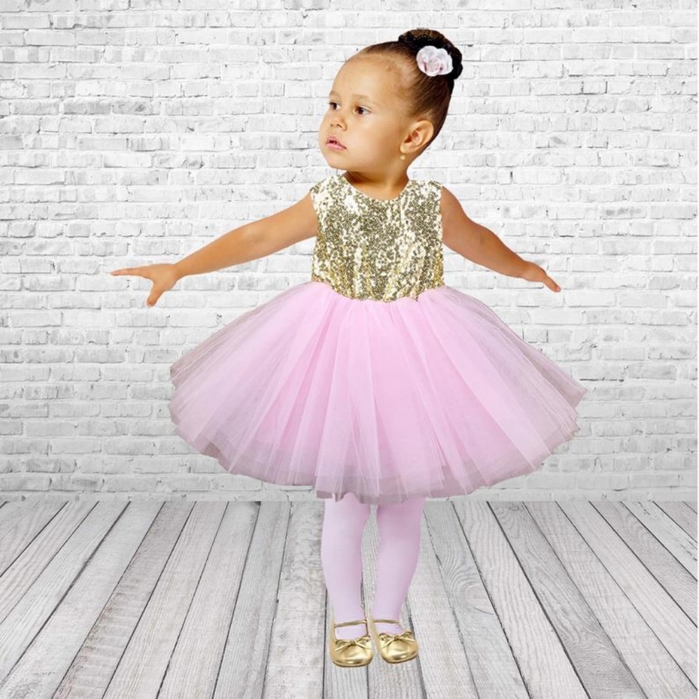 Toddler and Girls Gold Sequin and Pink Tutu Dress